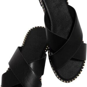 Womens Water-Resistant Leather Flat Sandals Open Toe Slip-On Crossed Strap